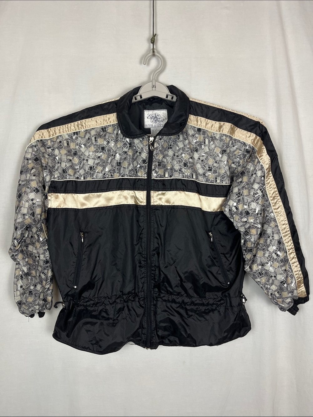 Vintage 90s East West Action Design Black Gold and Silver Women's Windbreaker